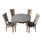 Table ronde extensible, 2 rallonges, et 4 chaises en velours gris