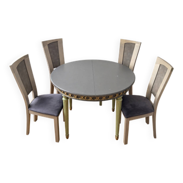 Table ronde extensible, 2 rallonges, et 4 chaises en velours gris