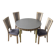 Extendable round table, 2 extensions, and 4 grey velvet chairs.