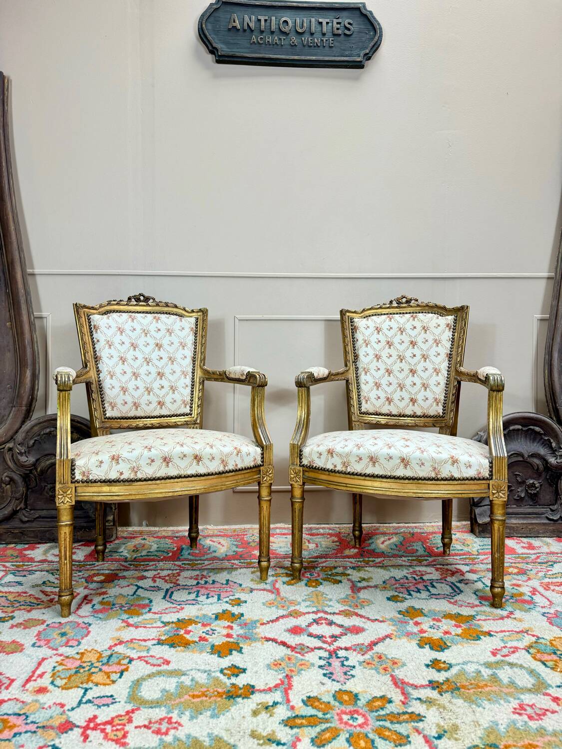 Pair of louis xvi style gilded wood armchairs, 19th century