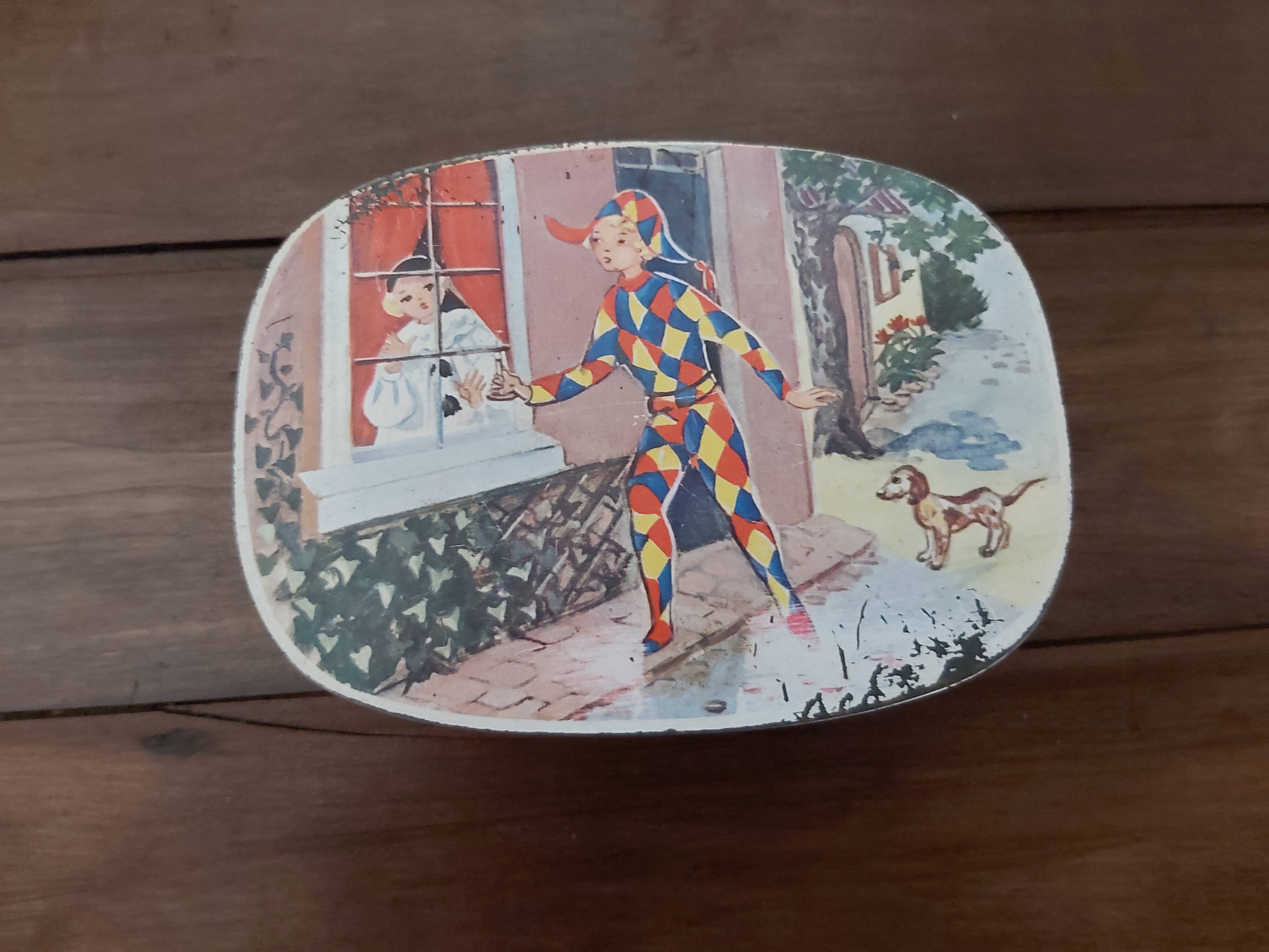 Antique metal box Columbine and Harlequin