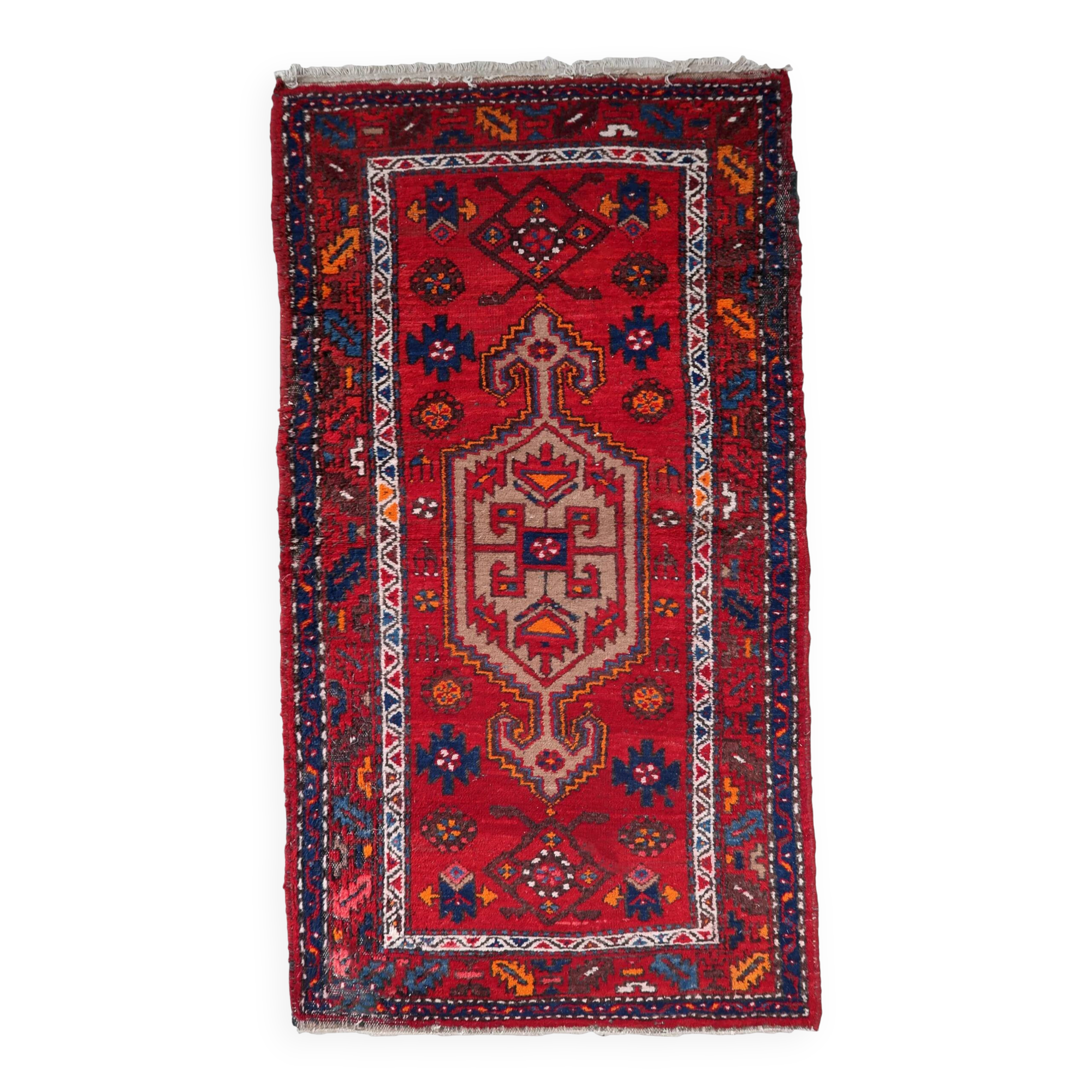 Handmade vintage Persian Hamadan rug 3.2' x 6.2' (100cm x 191cm) 1970s