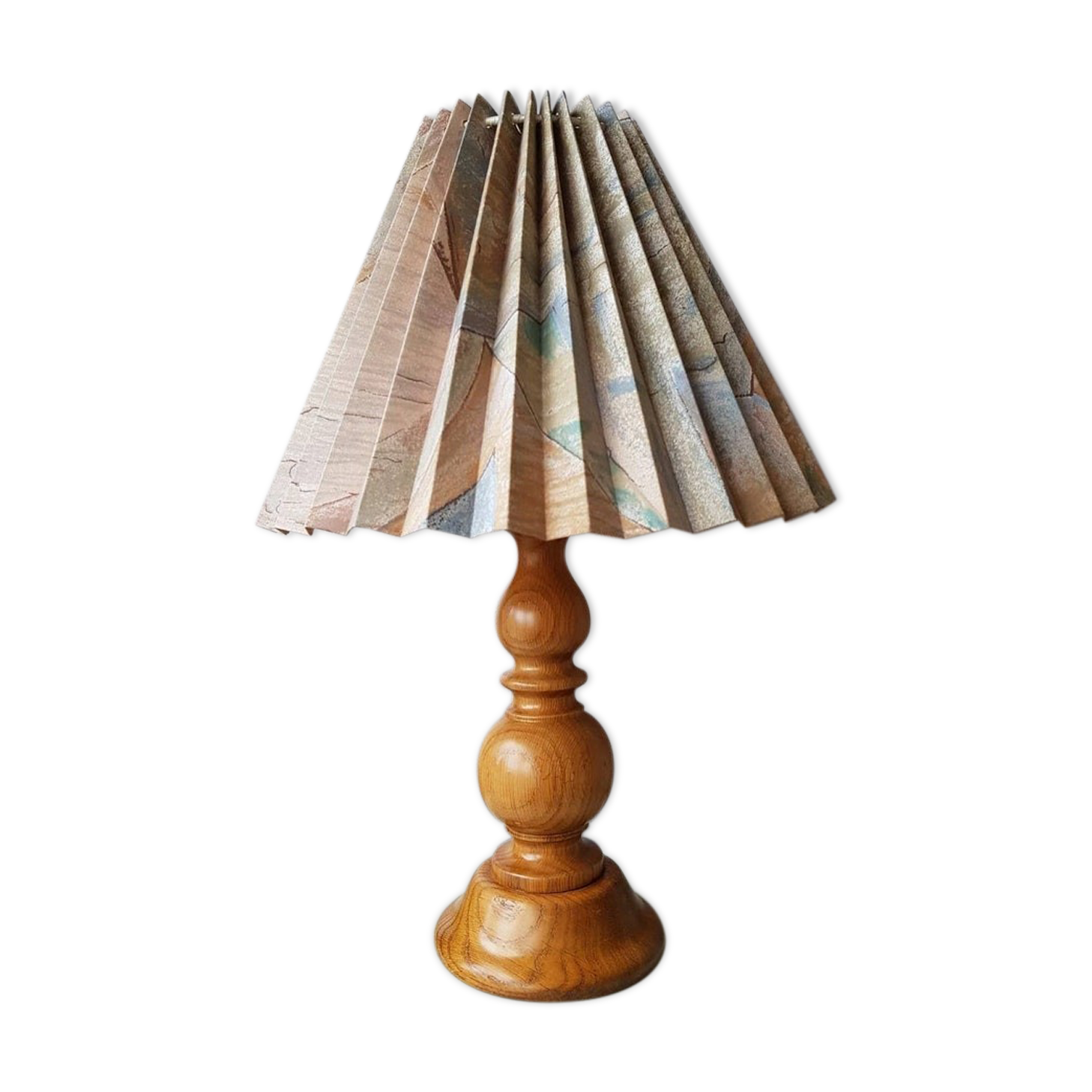 Vintage wooden lamp with pleated fabric lampshade 1980