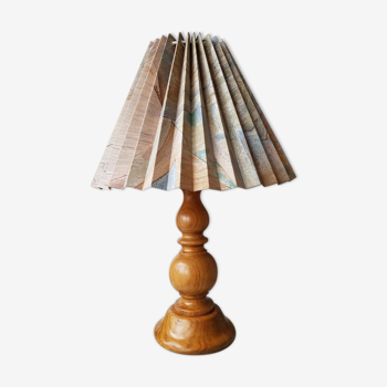 Vintage wooden lamp with pleated fabric lampshade 1980