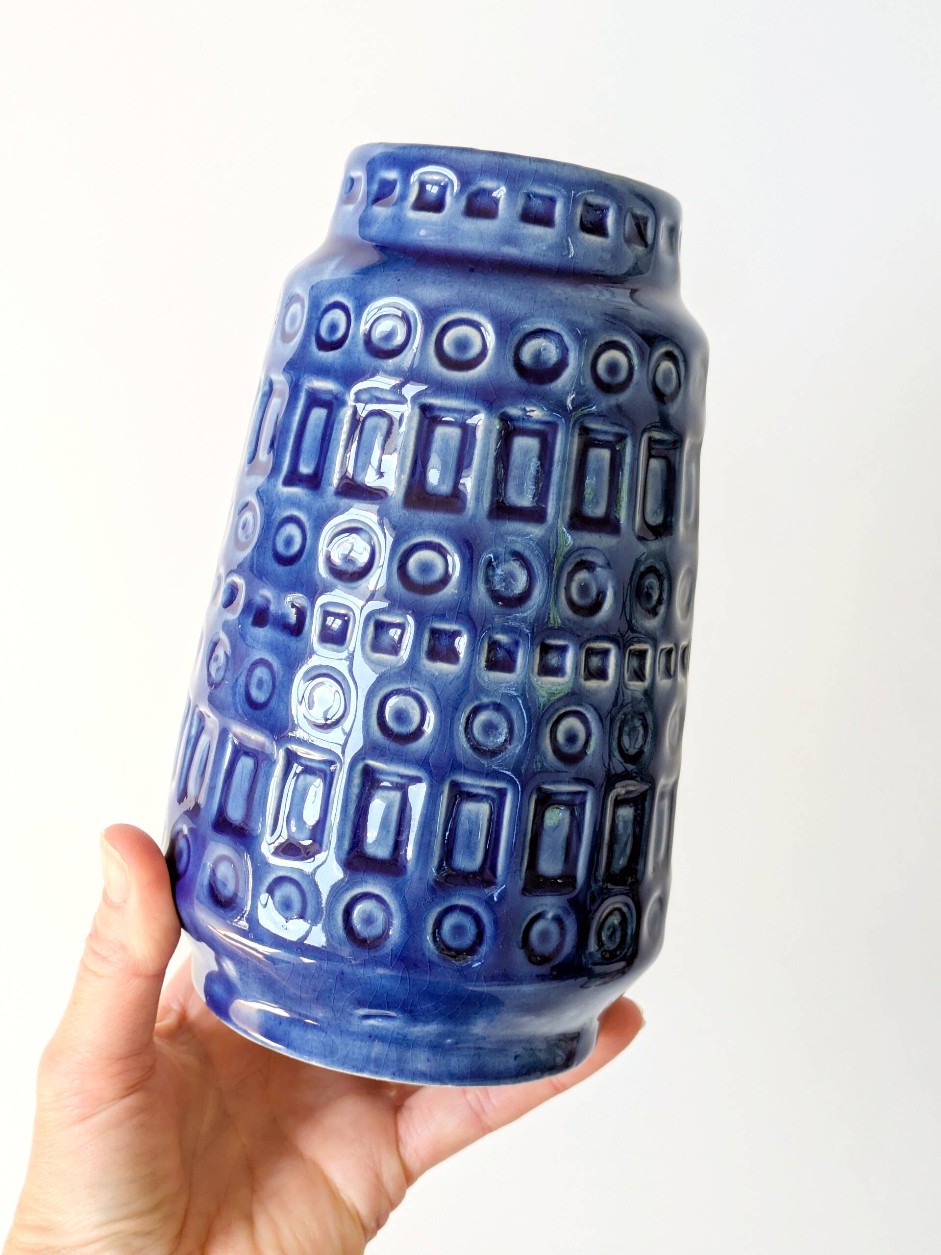 Vintage Scheurich Inka Vase, Blue Ceramic, West Germany