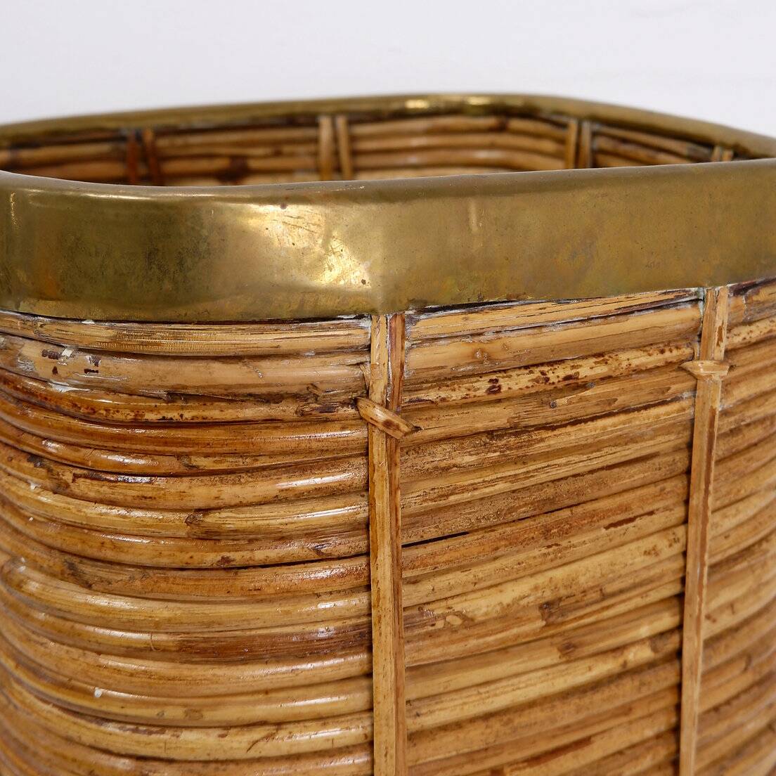 1970's Rattan and Brass Umbrella Stand