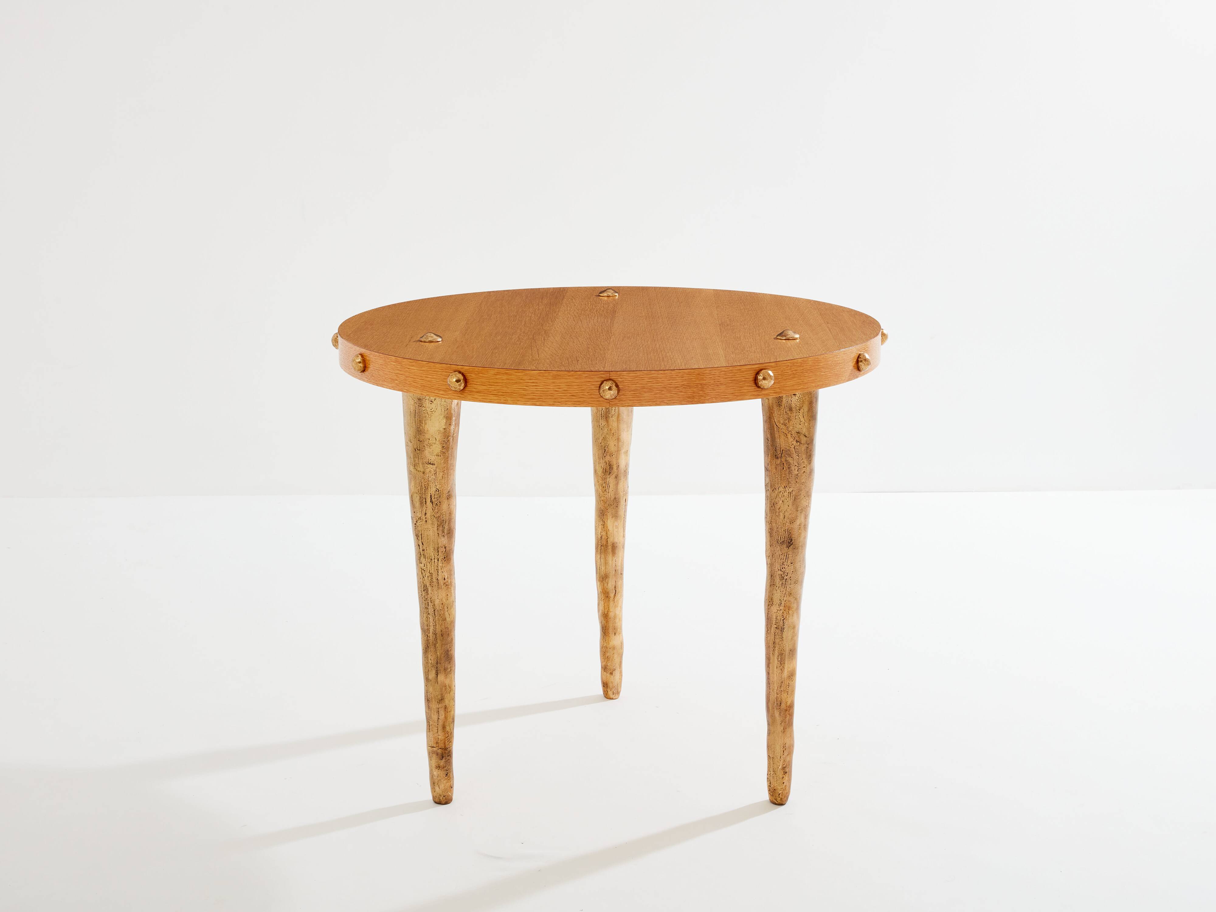 Oak and patinated bronze tripod pedestal table by Garouste & Bonetti 1987