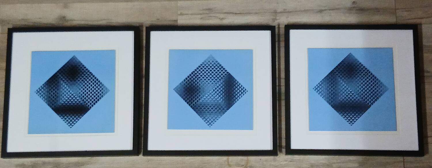 Trio Vintage Optical Art Tableaux - Victor Vasarely - Frames 40x40cm