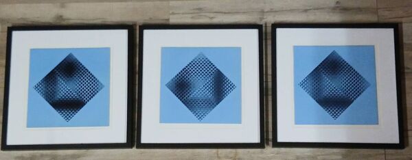 Trio Tableaux Vintage Art Optique - Victor Vasarely - Cadres 40x40cm