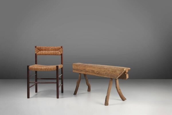 Banc rustique en tronc d'arbre, France, années 1850
