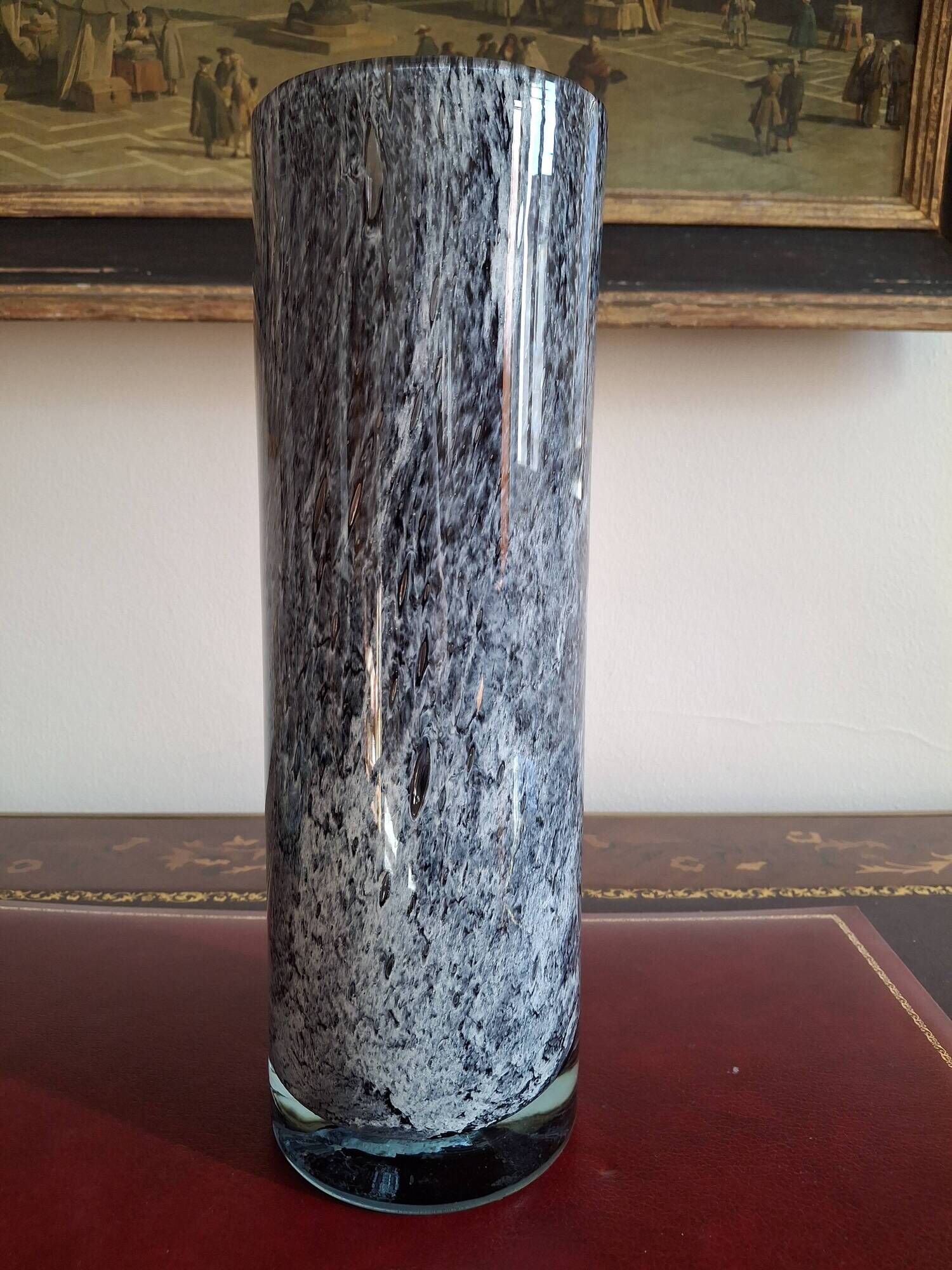 Large blown glass roller vase with speckled gray/purple camaieu decor
