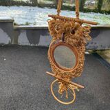 Vintage 1970s owl mirror macrame towel holder