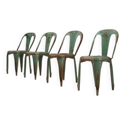 Lot de 4 chaises vertes vintage modèle A de Tolix, France, années 1950