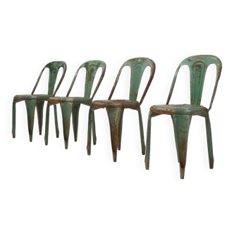 Lot de 4 chaises vertes vintage modèle A de Tolix, France, années 1950