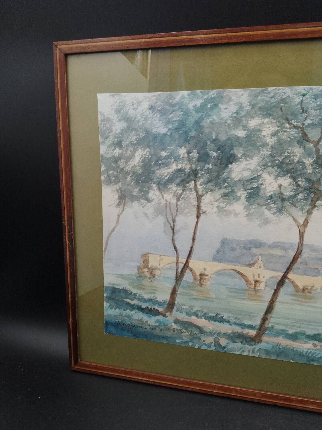 Watercolor painting signed r. blossier avignon the benezet bridge framed