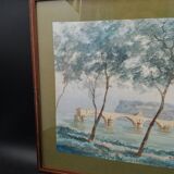 Watercolor painting signed r. blossier avignon the benezet bridge framed