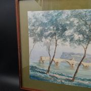 Tableau peinture aquarelle signé r. blossier avignon le pont benezet encadré