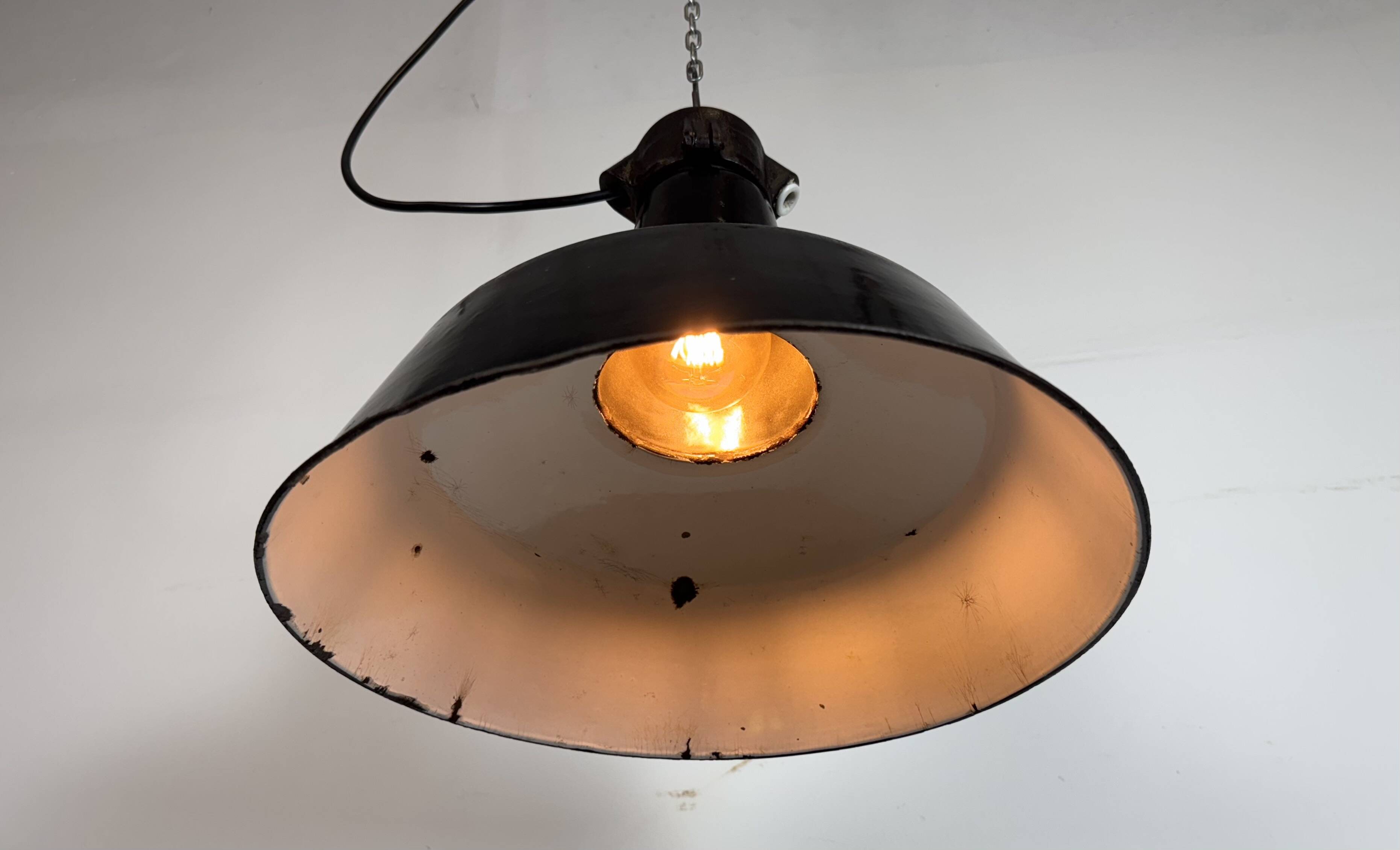 Industrial Black Enamel Factory Lamp with Cast Iron Top, 1950s