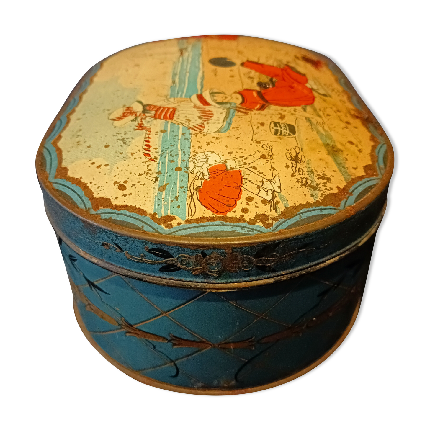 Lithographed sheet metal box " éts au planteur de caiffa " decorations children beach sea boats