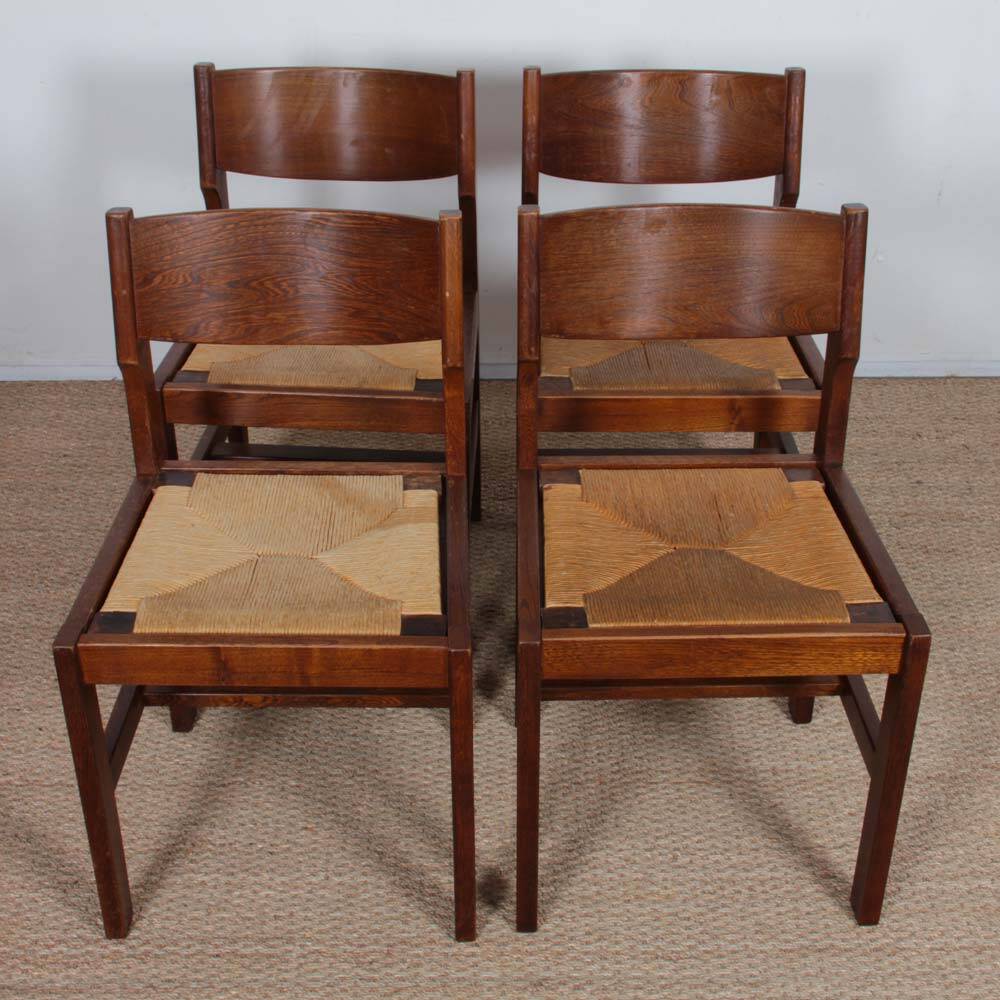 Set of 4 vintage solid wood and straw chairs, 1980