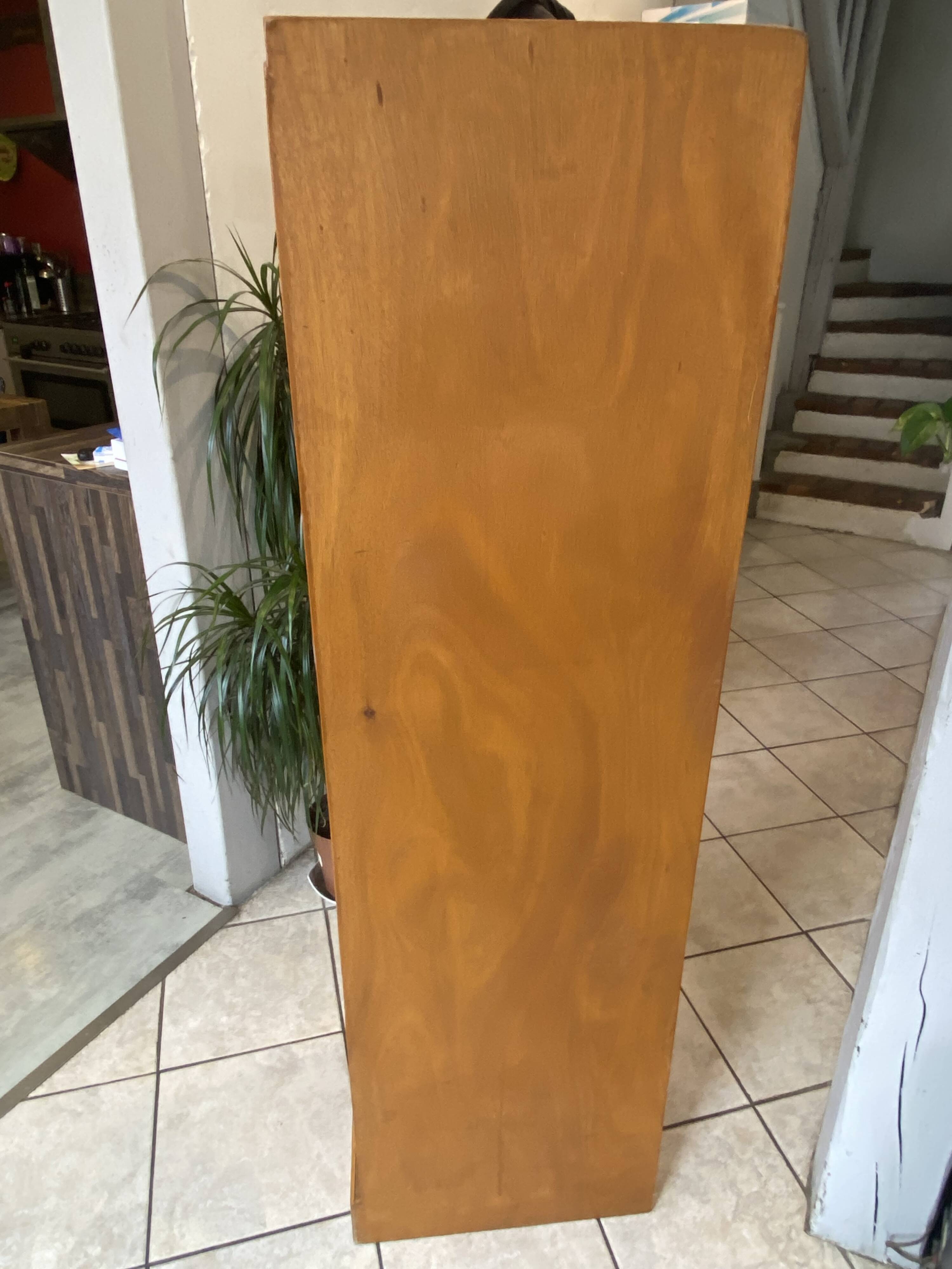 1950s oak office storage cabinet with curtains.