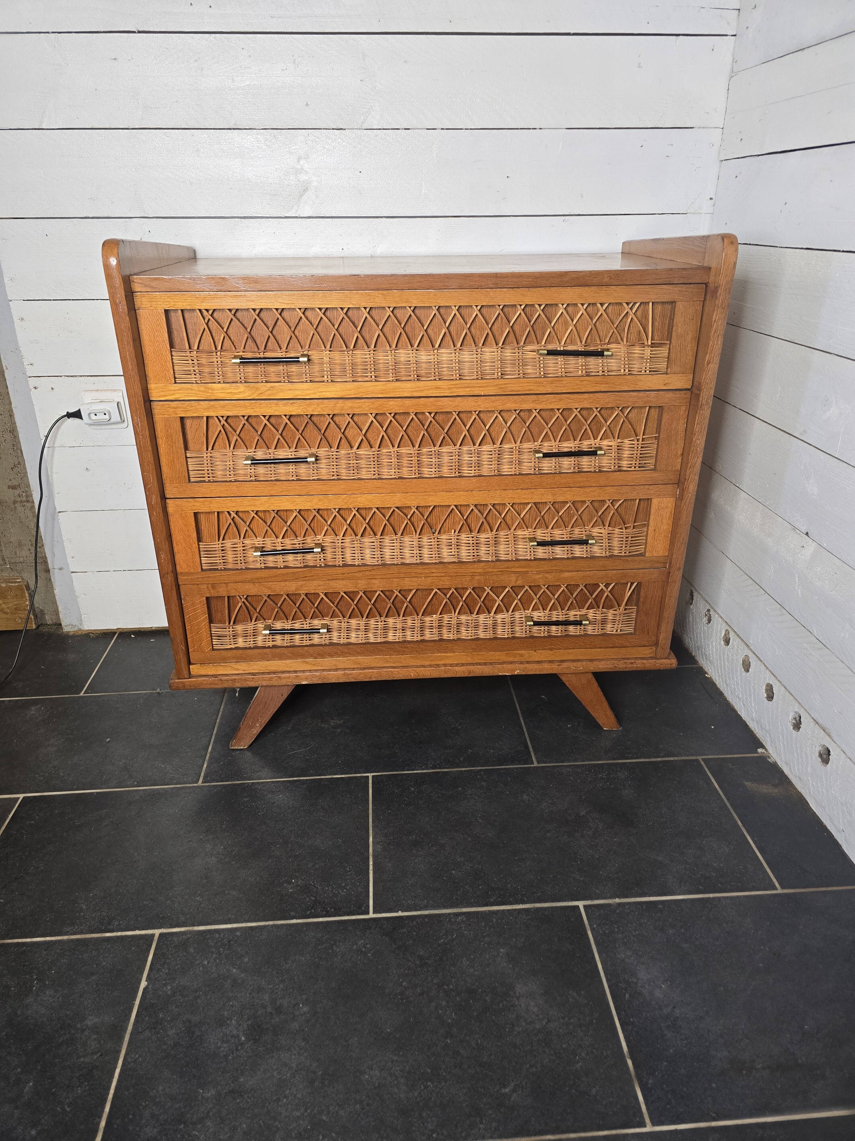Commode en rotin et bois, années 60