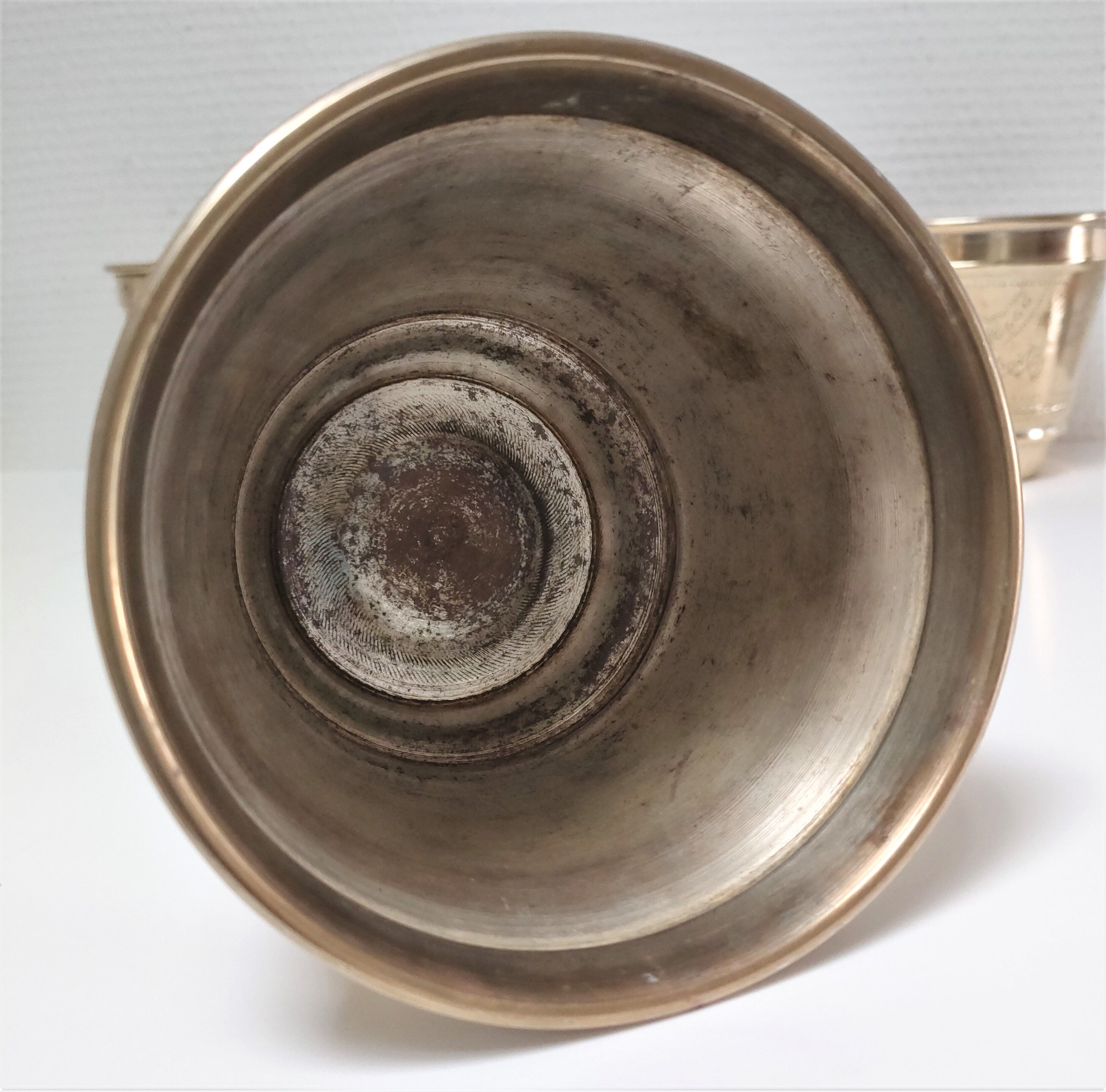 Three pot covers brass silver cover golden patina monogram early twentieth century