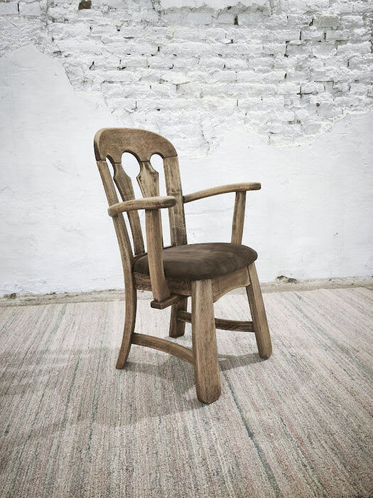 Dutch brutalist solid oak armchair with reupholstered leather seat, 1970s
