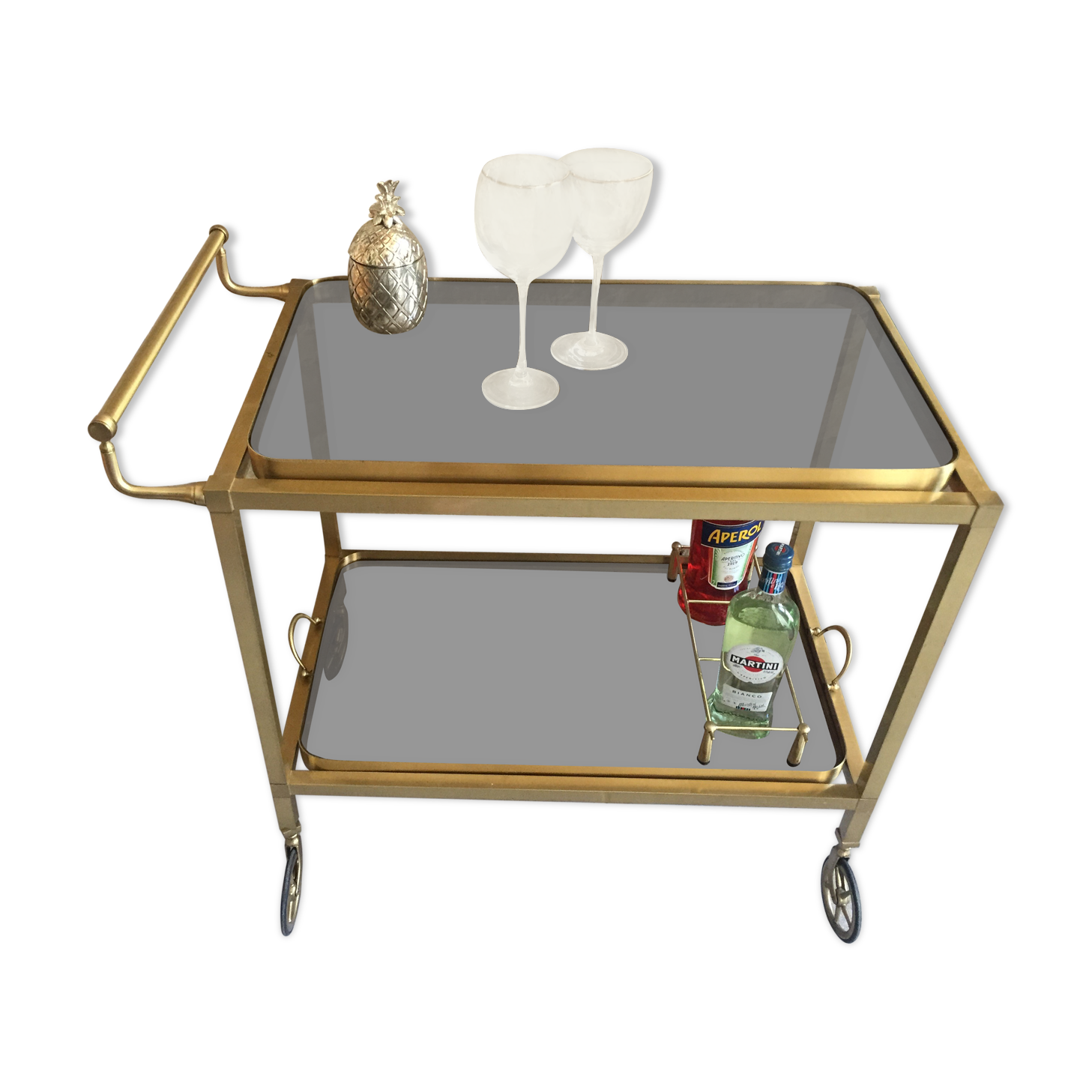 Desserte bar vintage two brass trays