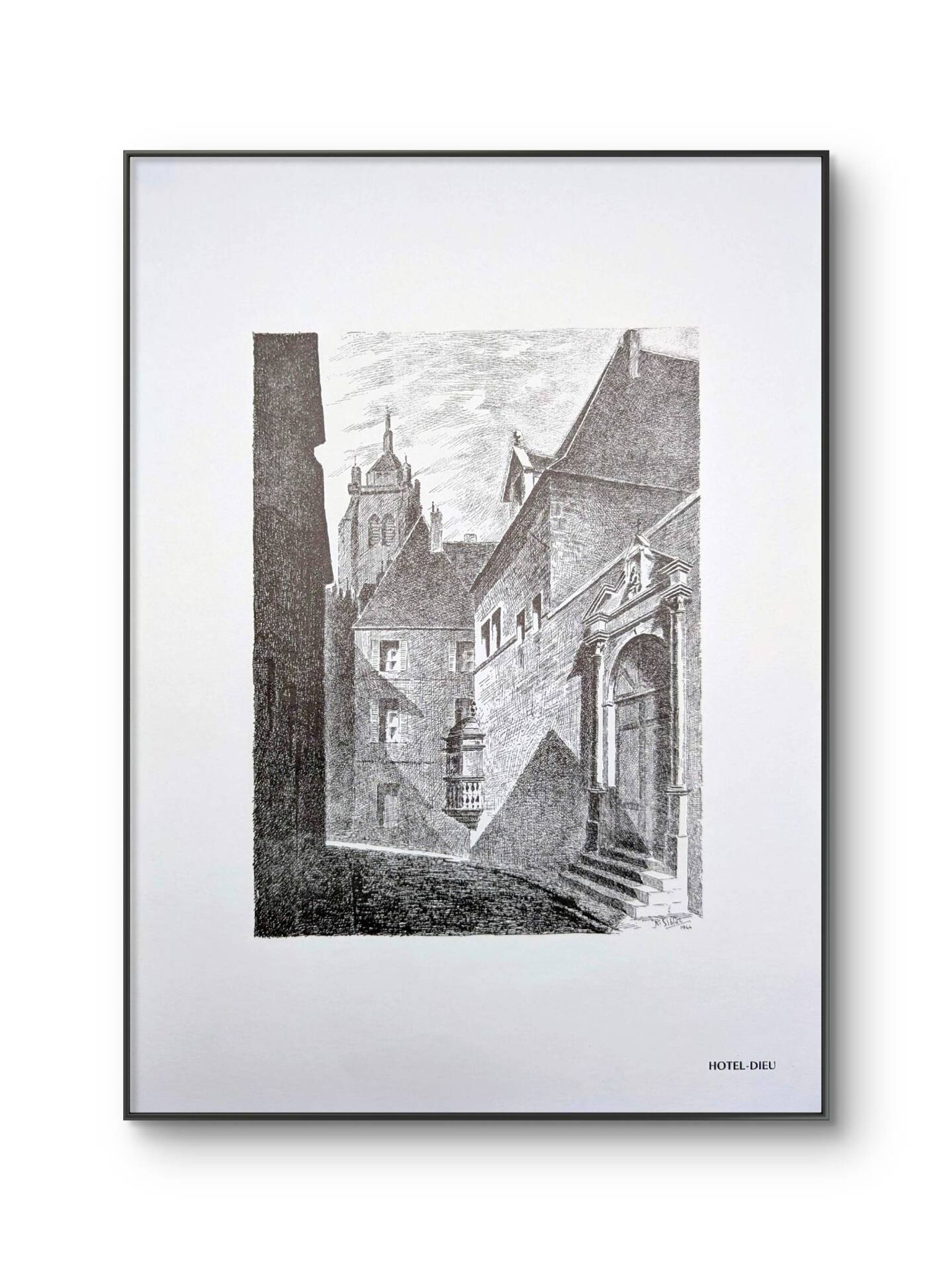 Hôtel-Dieu, Dole, Jura, vintage engraving, printed in 1950.