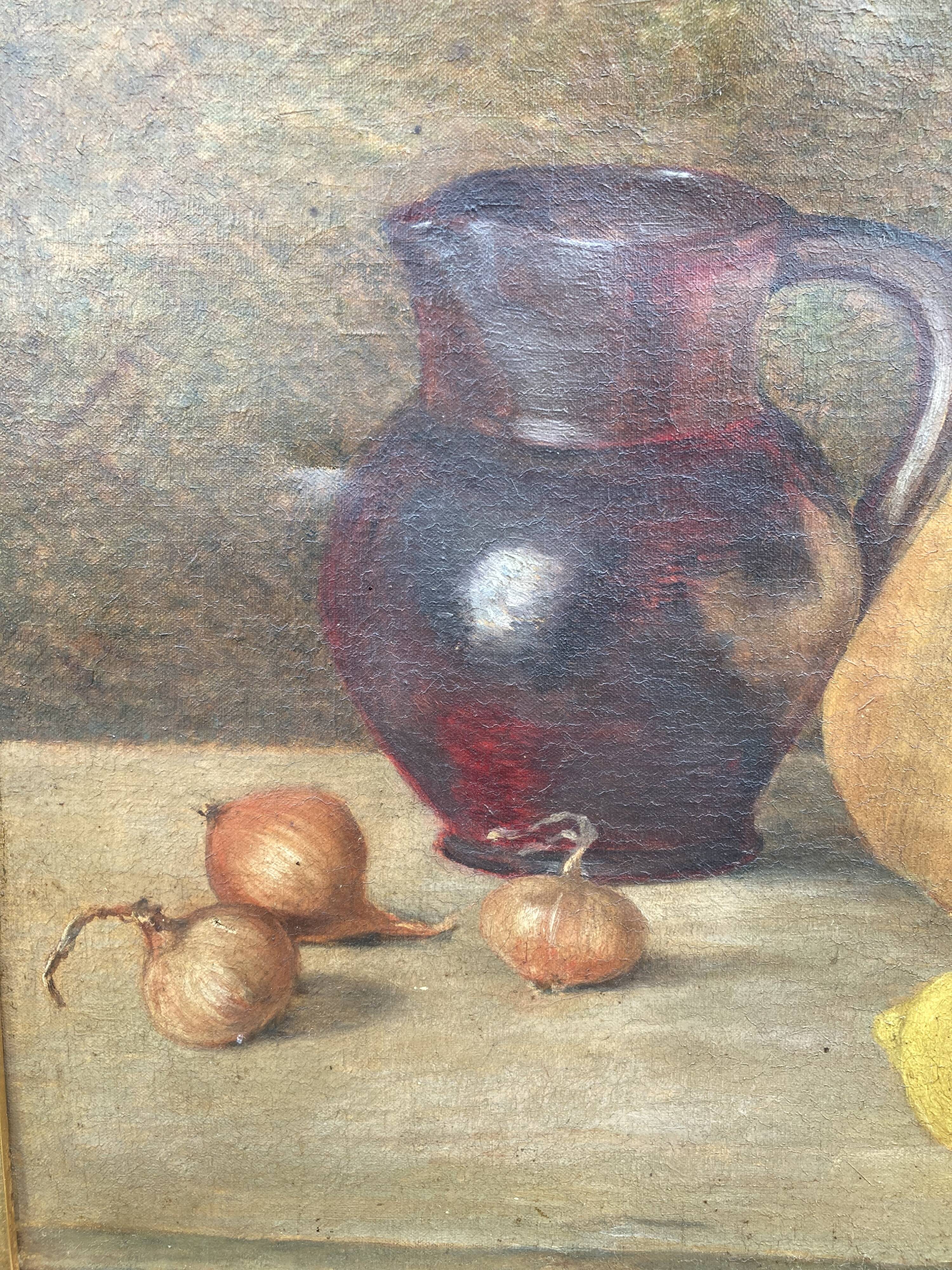 French School, Still Life with Gourd and Jug, Oil on Canvas Frame
