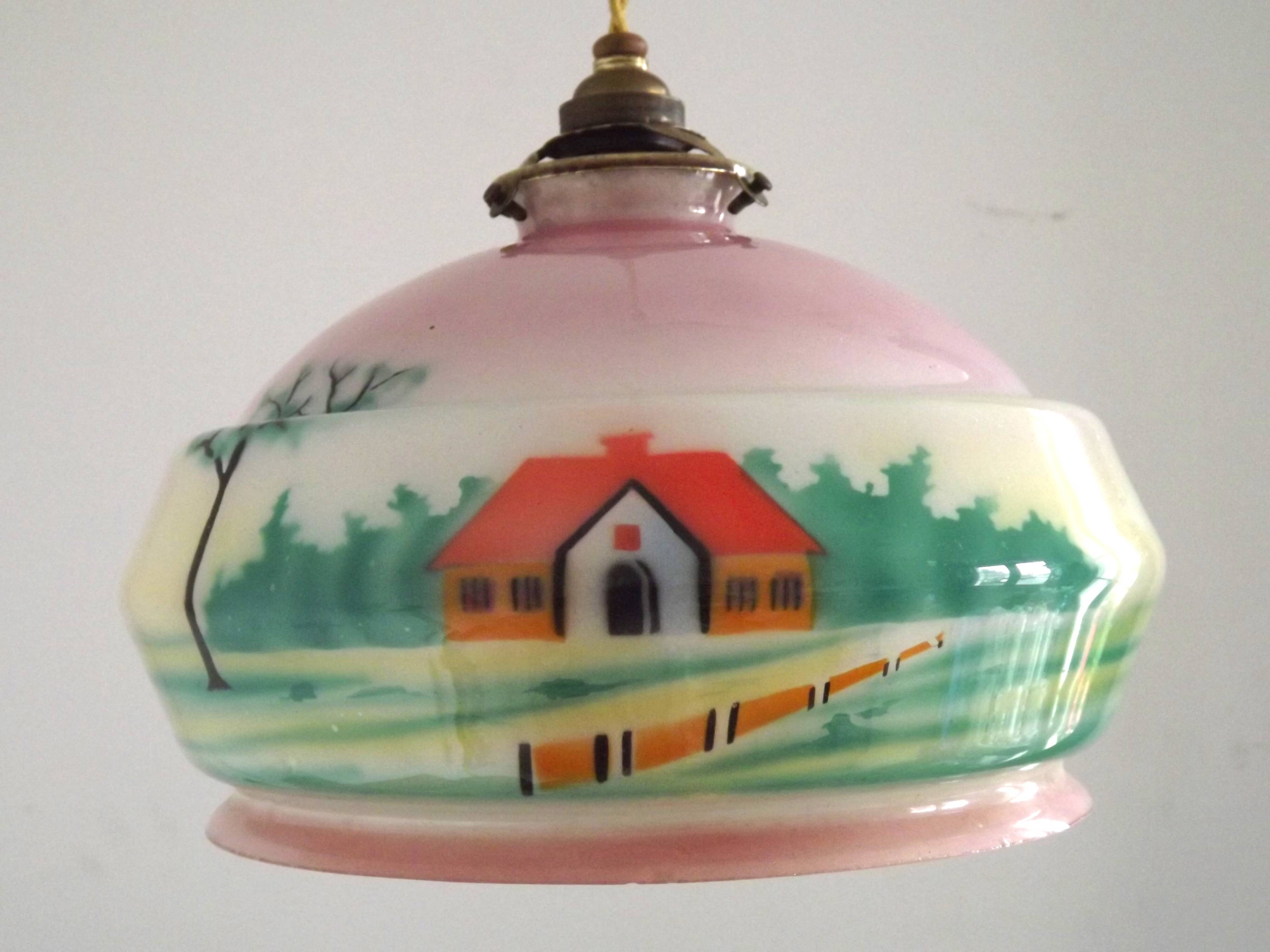 French Art Deco Pink & Cream Pendant Light with House and Tree Design