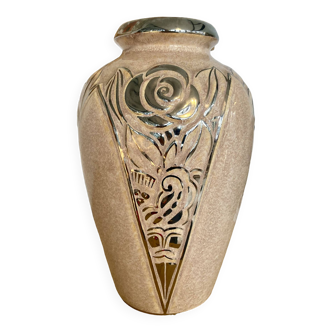 vase Art Déco H26cm beige rosé et argent