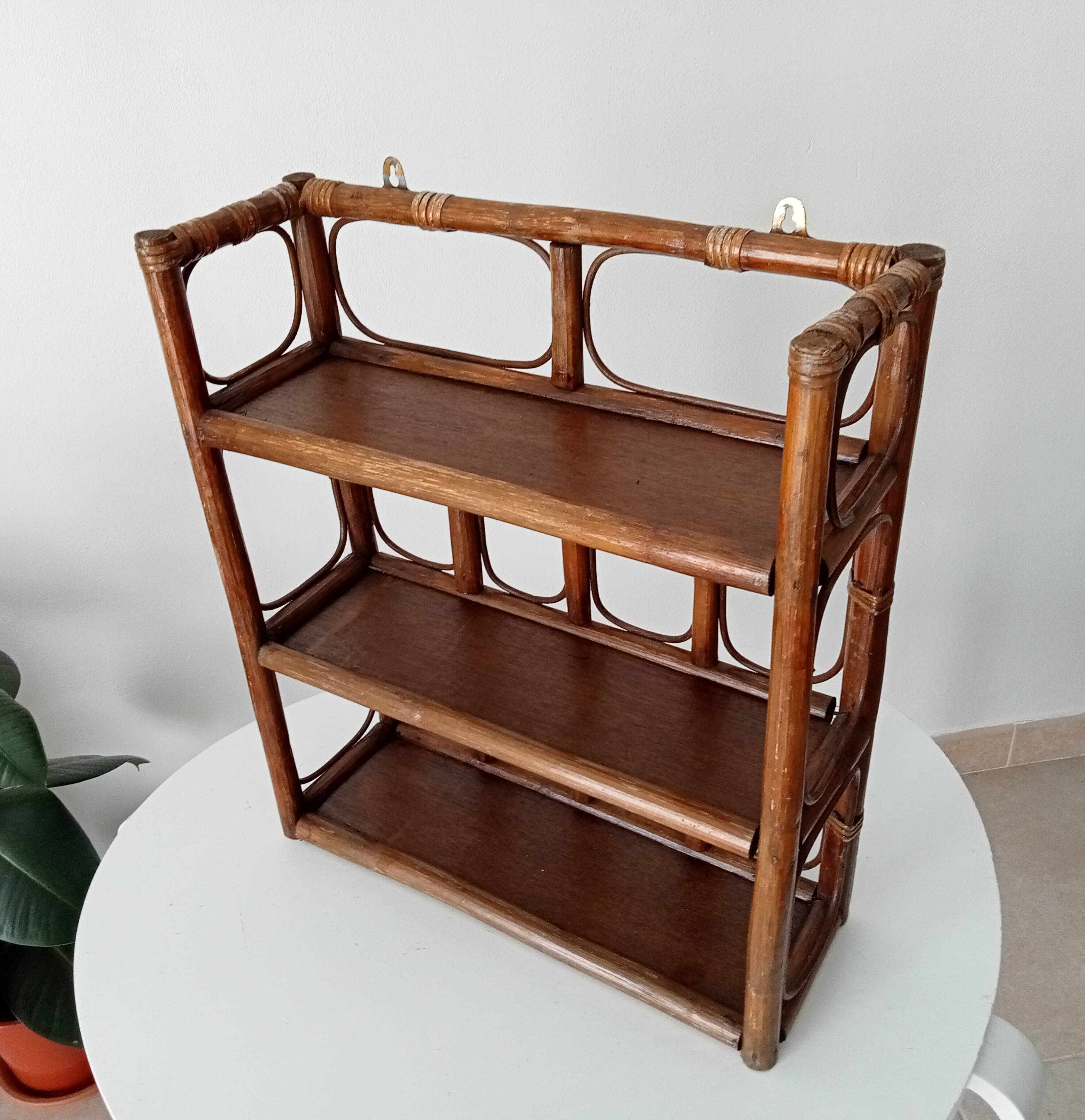 Vintage bamboo and rattan wall shelf