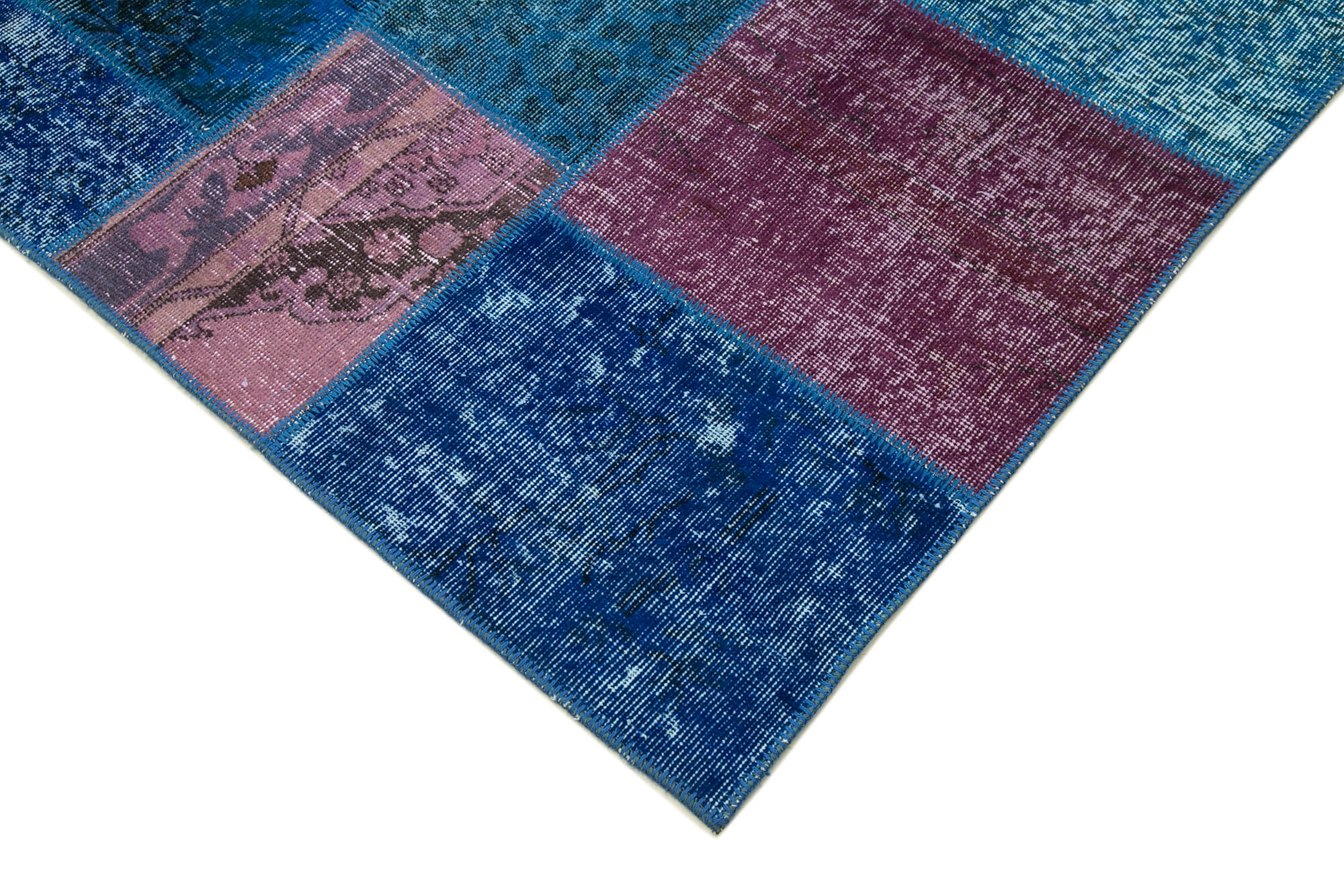 Handwoven turkish contemporary 202 cm x 300 cm blue patchwork carpet