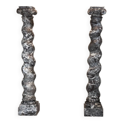 Paire De Colonnes Torsadées En Marbre Gris Des Ardennes, Vers 1880