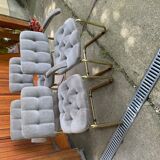 Set of 4 vintage 1970s dining chairs in gold brass and grey fabric.