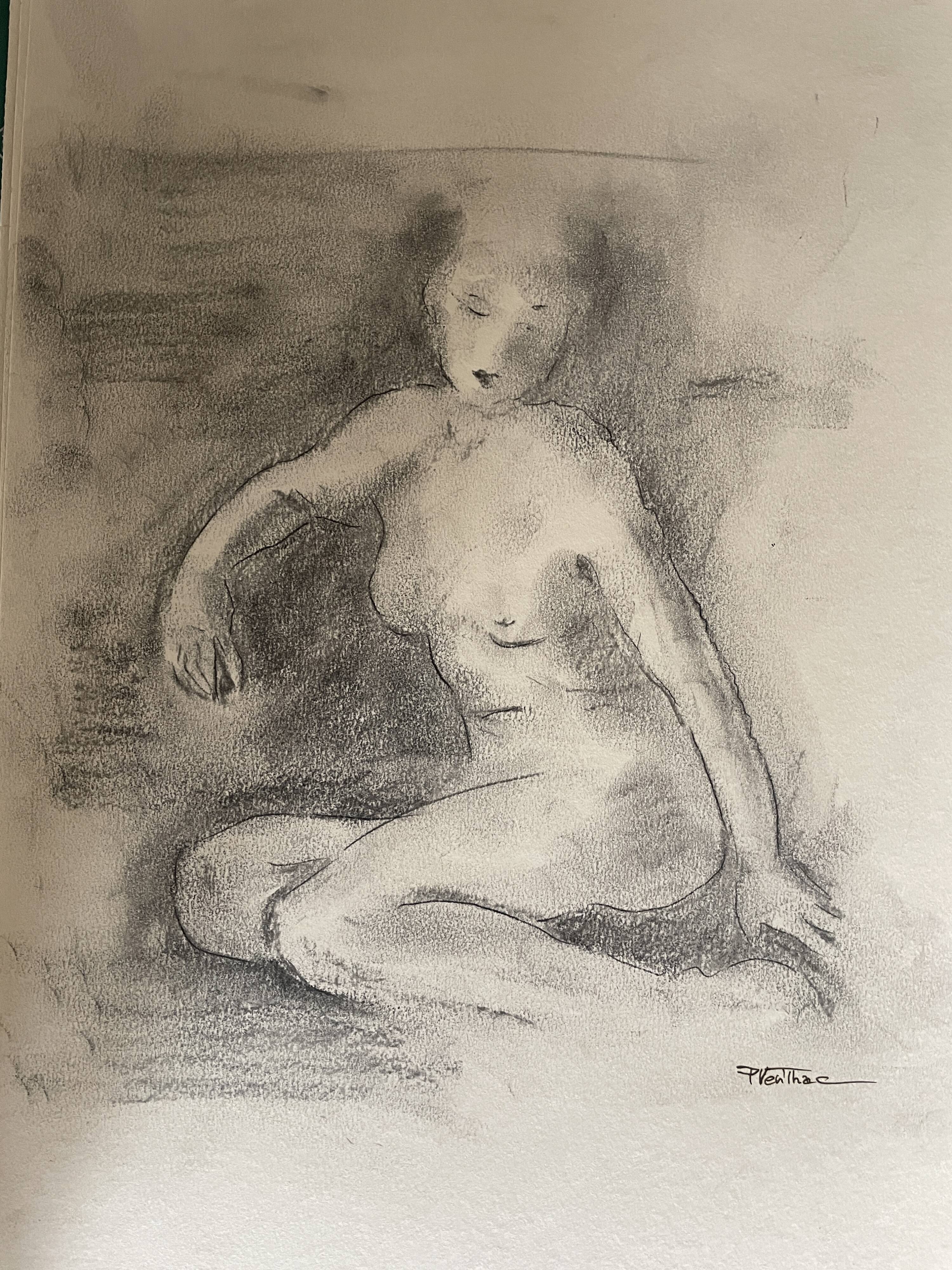 Signed female nude charcoal painting