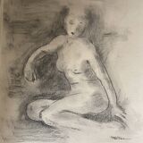 Signed female nude charcoal painting