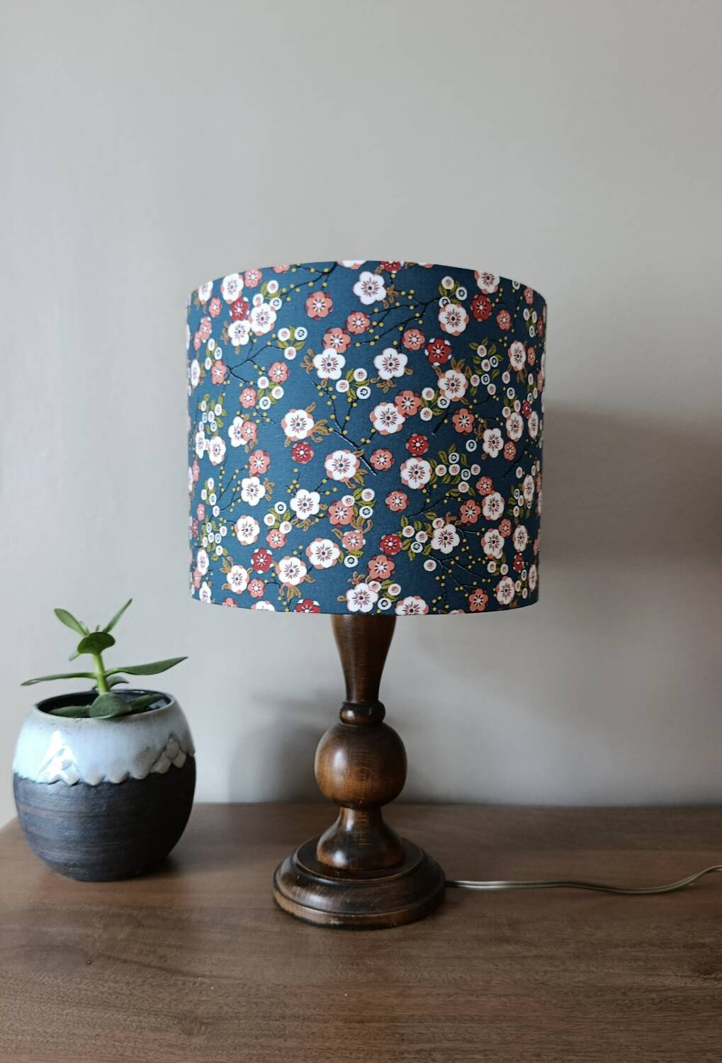 rustic chic wooden lamp, blue floral lampshade