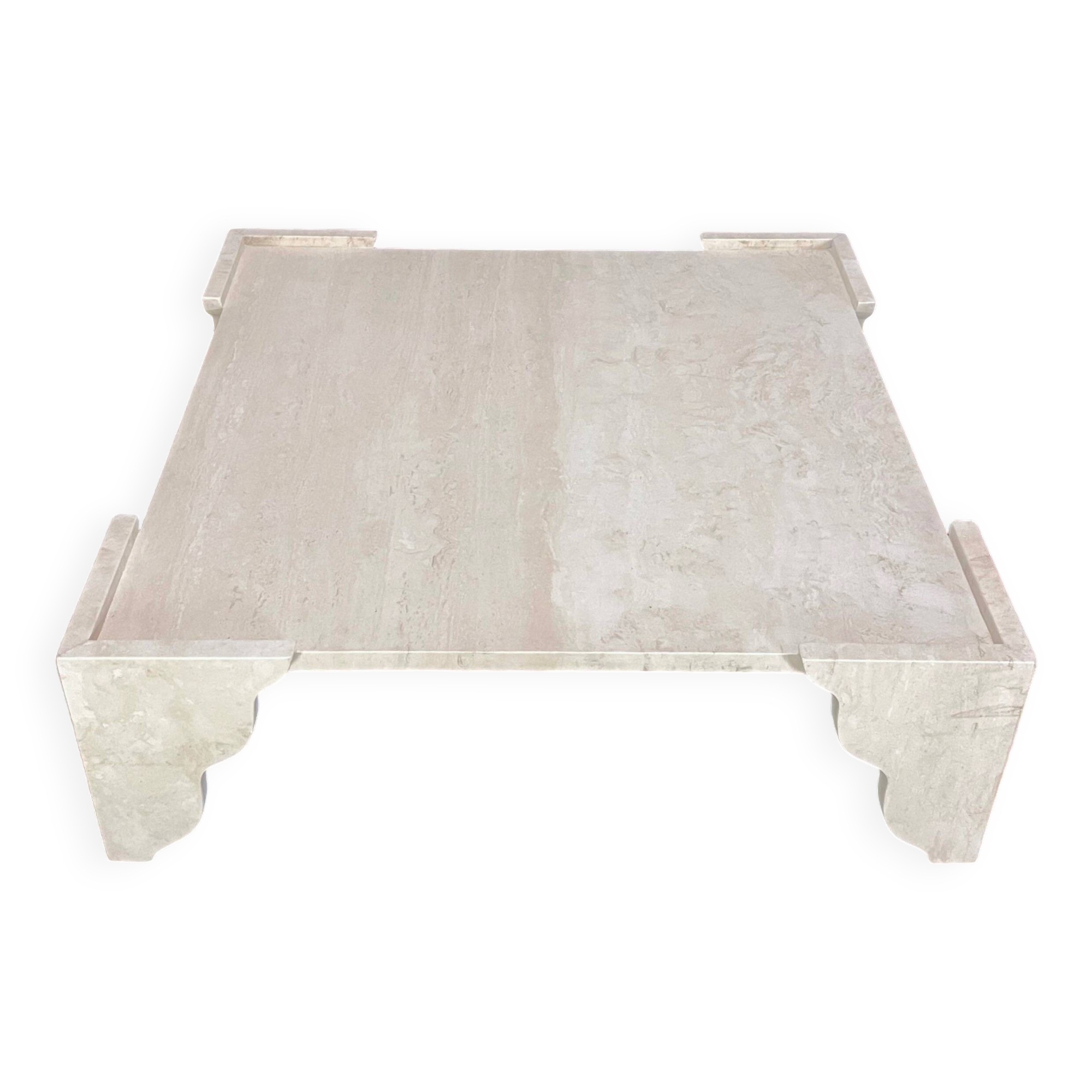 Large square travertine coffee table by Claude Berraldacci. 1990s. France.