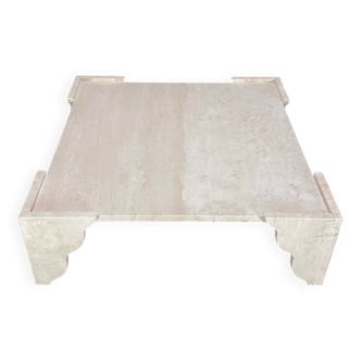 Large square travertine coffee table by Claude Berraldacci. 1990s. France.