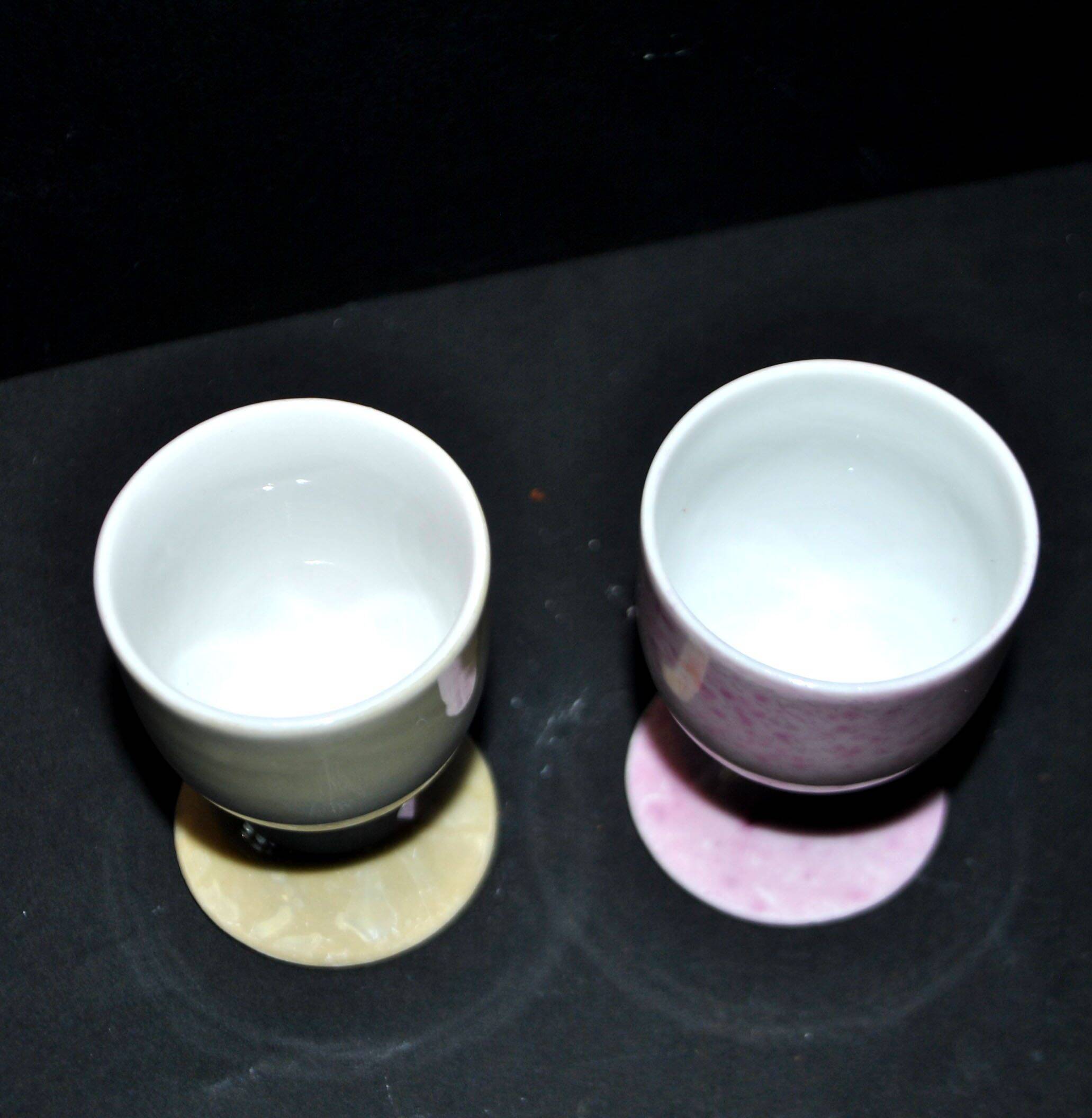 Set of 2 vintage pastel porcelain egg cups - yellow and iridescent pink