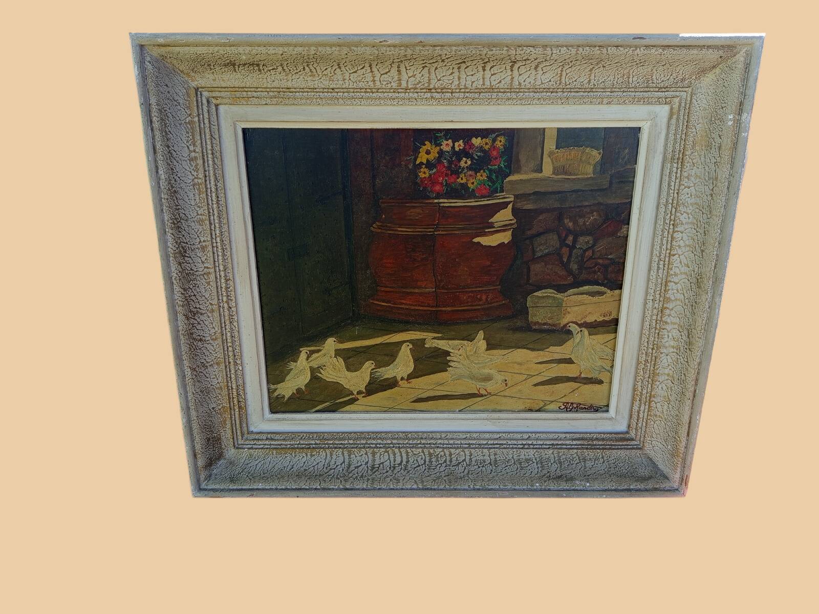 Signed Alphadery Painting – Doves in a Sunlit Courtyard, Antique Frame