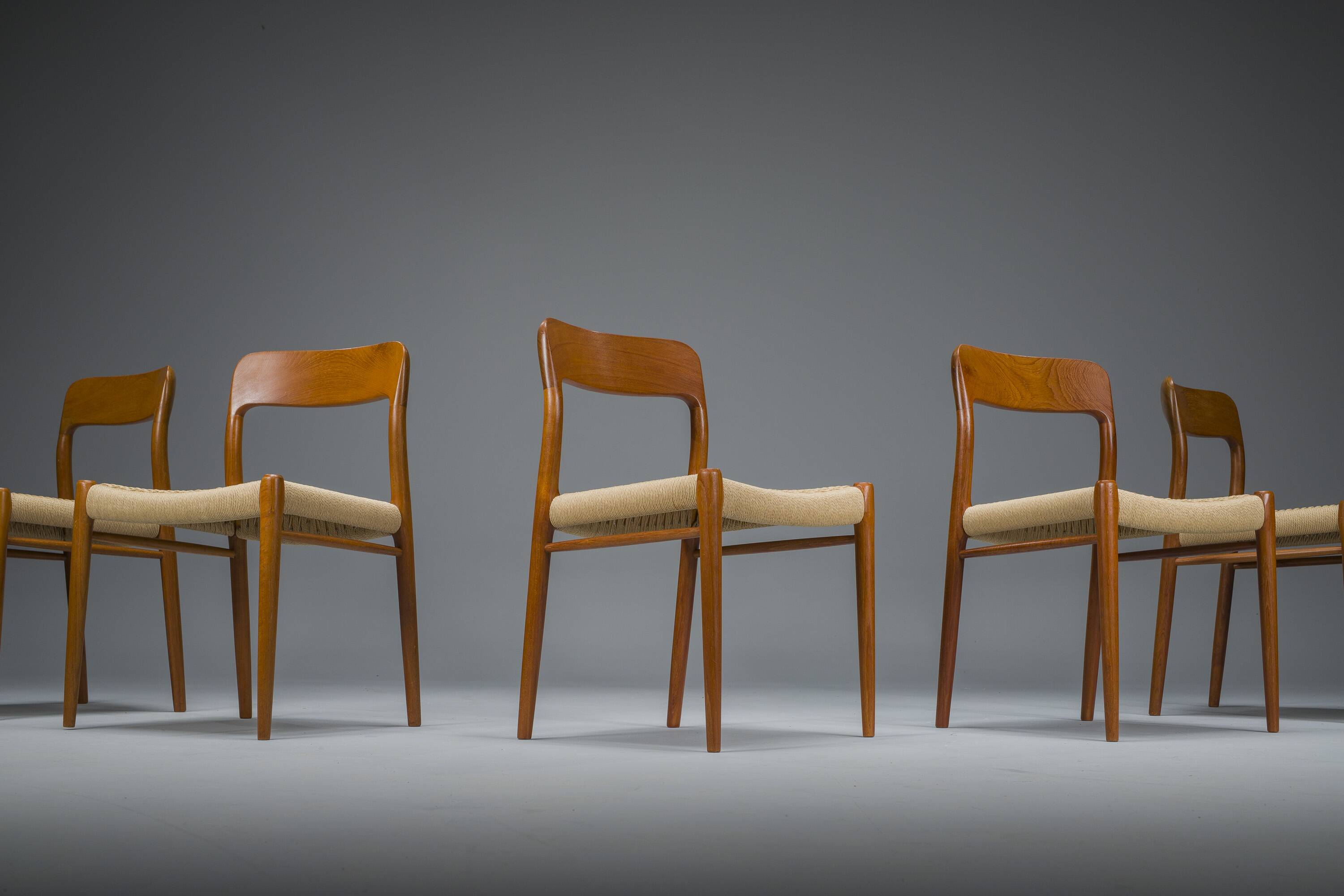 Danish Teak Mod. 77 Dining Chairs with Paper Cord by Niels O. Møller for JL Møllers, 1959, Set of