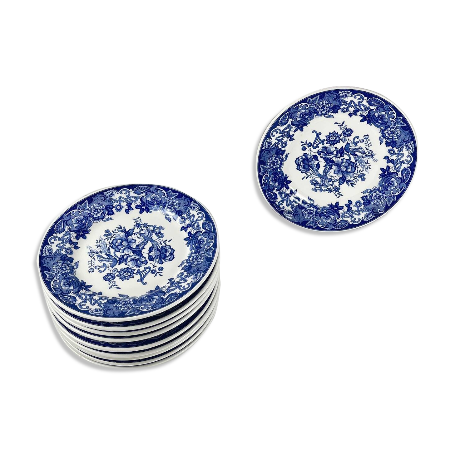 Set of 10 blue earthenware dessert plates with floral and bird decoration