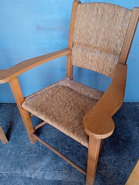 Lot 2 armchairs and 2 chairs design wood and straw period 1970