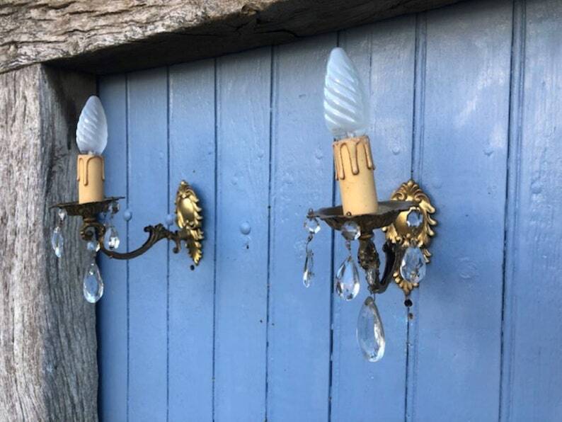 Vintage French Crystal Wall Sconces: Victorian Bronze & Brass Pair