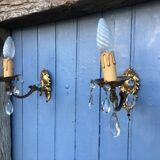 Vintage French Crystal Wall Sconces: Victorian Bronze & Brass Pair