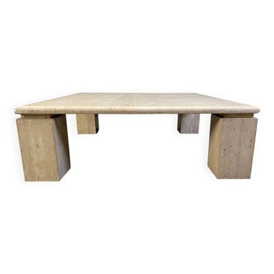 Table basse en travertin vintage à quatre pieds carrés, années 1970